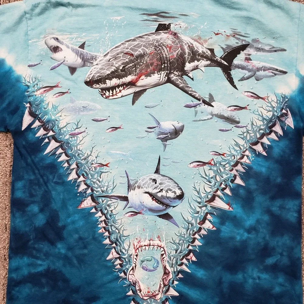 Vintage Liquid Blue T-Shirt Mens Medium Great White Sharks Tie Dye 1997 90s Y2k